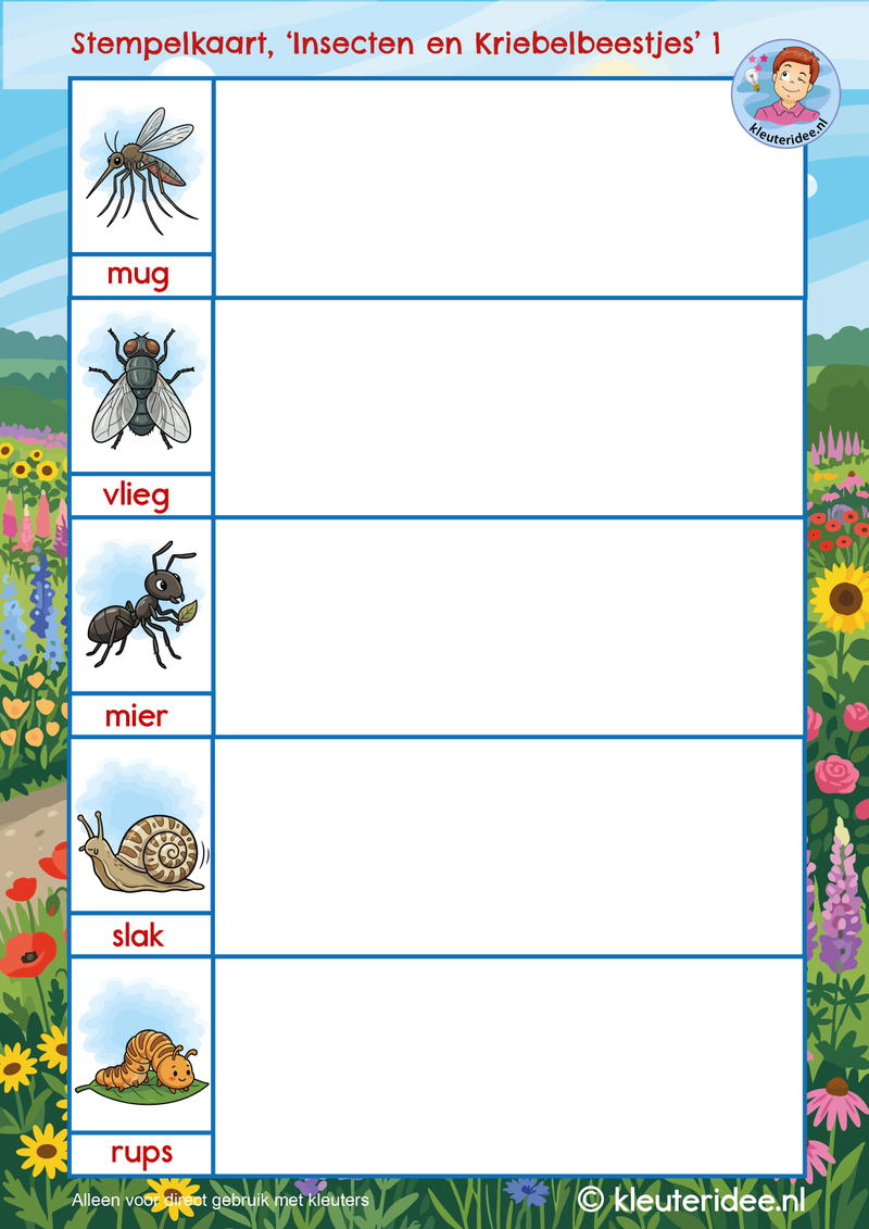stempelkaart thema insecten en kriebelbeestjes 1 kleuteridee